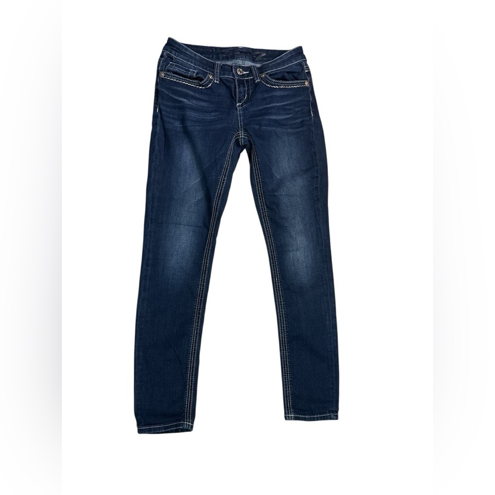 Seven7 Women's Dark Blue Skinny Jeans with Embroidered Detail on Pickets Size 4